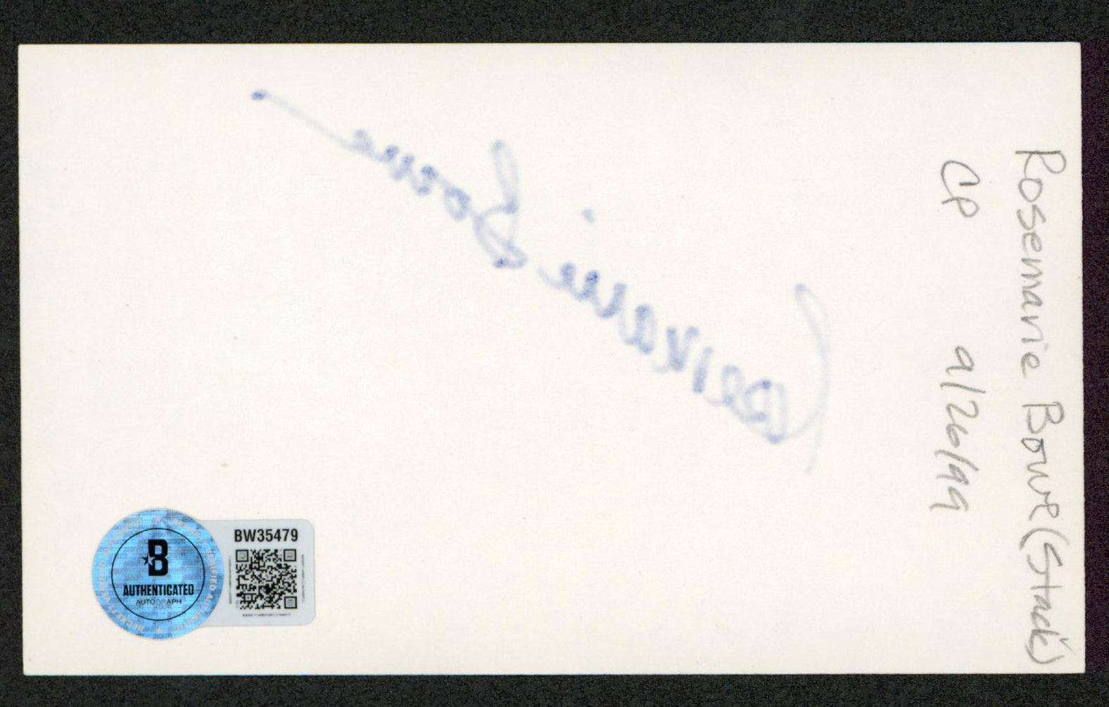 Rosemarie Bowe The Big Bluff Authentic Signed 3x5 Index Card BAS #BW35479