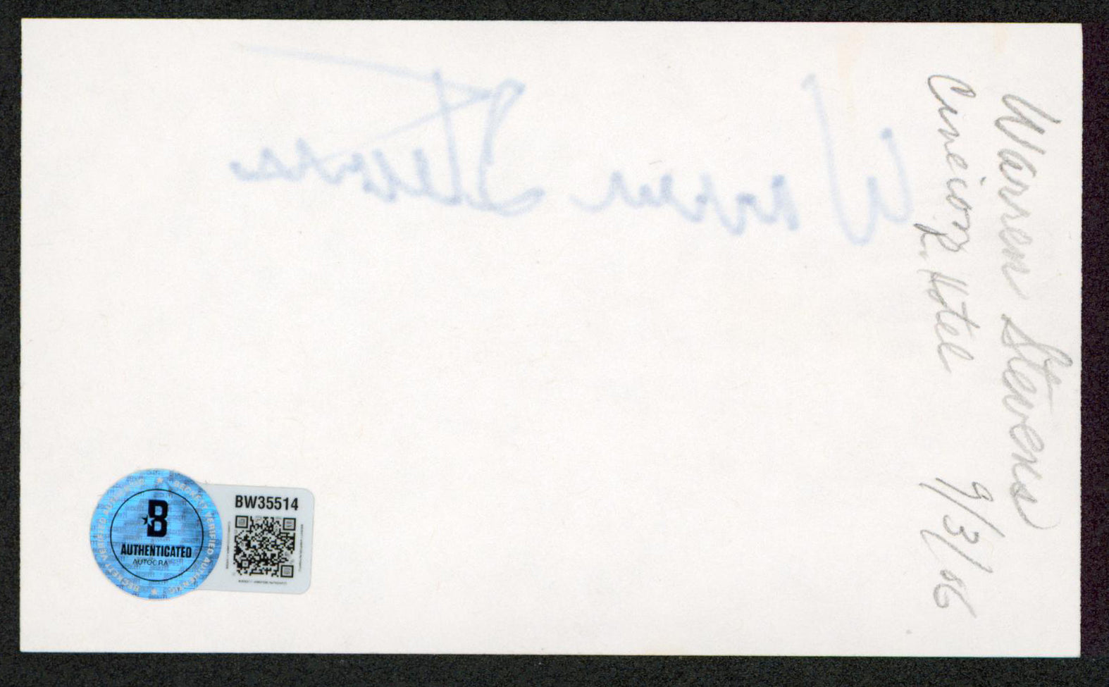 Warren Stevens The Twilight Zone Authentic Signed 3x5 Index Card BAS #BW35514