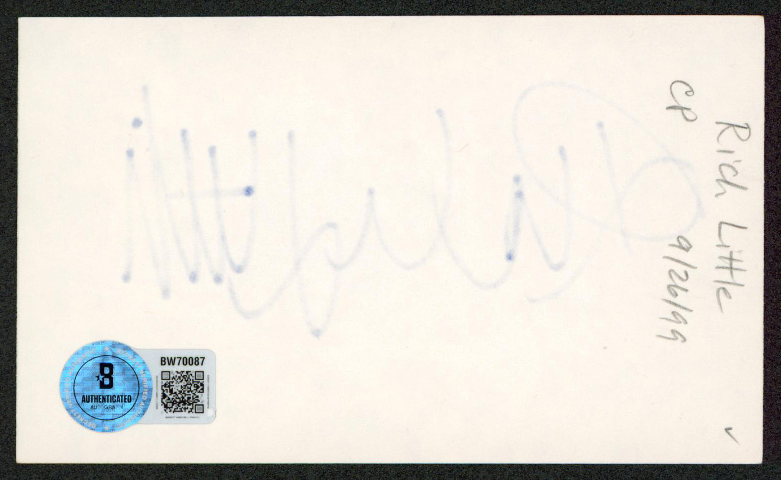 Rich Little Comedian Authentic Signed 3x5 Index Card Autographed BAS #BW70087