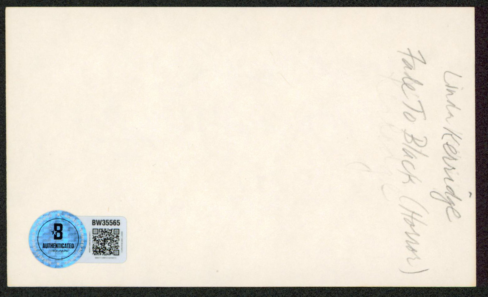 Linda Kerridge Fade To Black Authentic Signed 3x5 Index Card BAS #BW35565