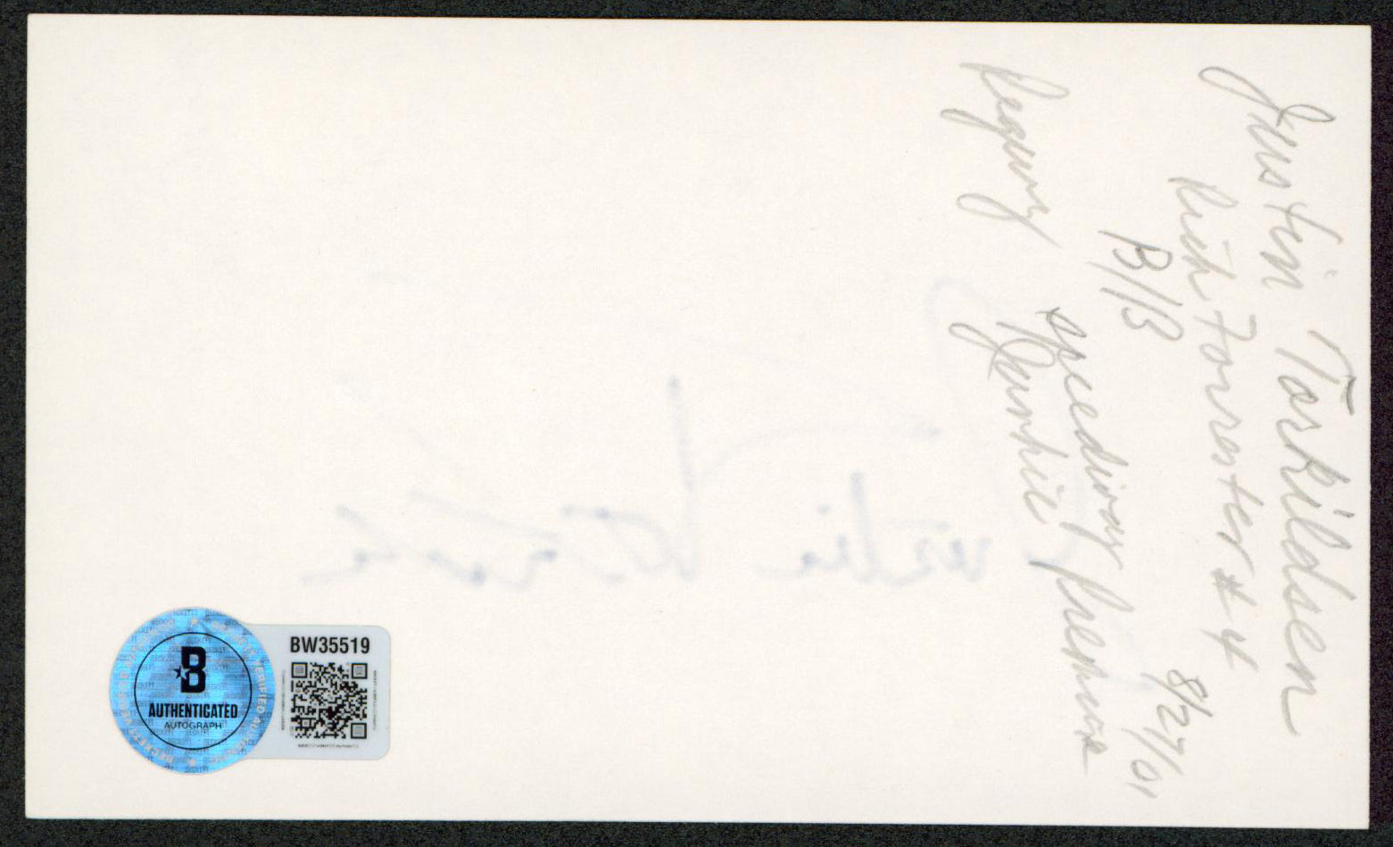 Justin Torkildsen The Bold and the Beautiful Signed 3x5 Index Card BAS #BW35519