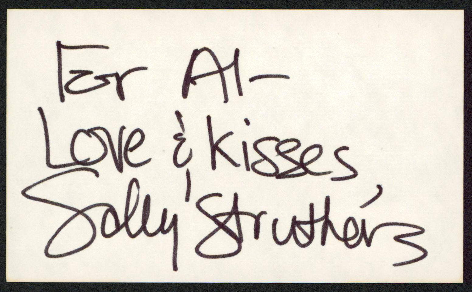 Sally Struthers "Love & Kisses" Signed 3x5 Index Card Autographed BAS #BW70153
