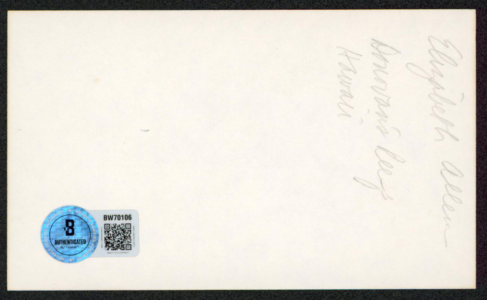 Elizabeth Allen Donovan's Reef Authentic Signed 3x5 Index Card BAS #BW70106