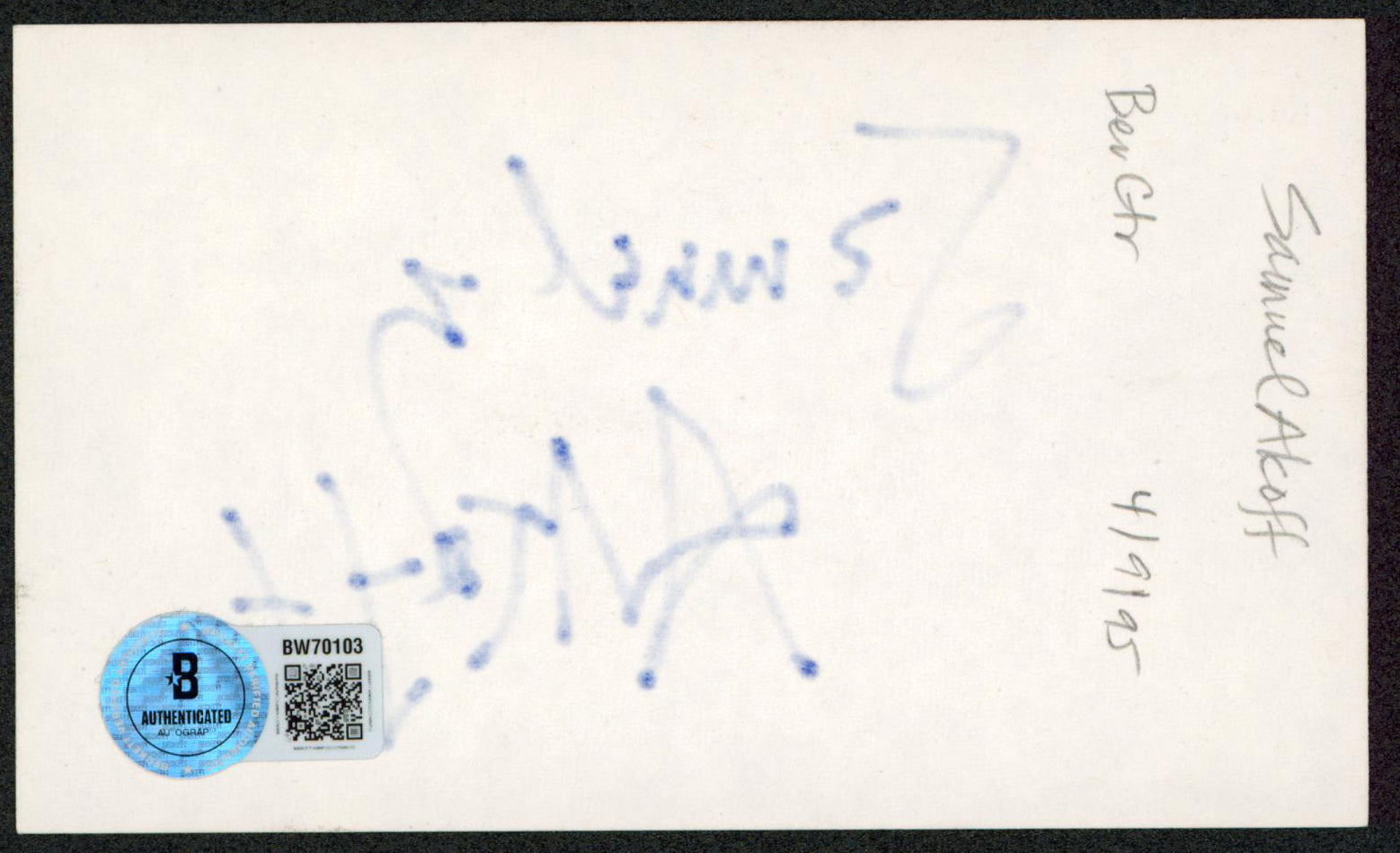 Samuel Arkoff The Amityville Horror Authentic Signed 3x5 Index Card BAS #BW70103