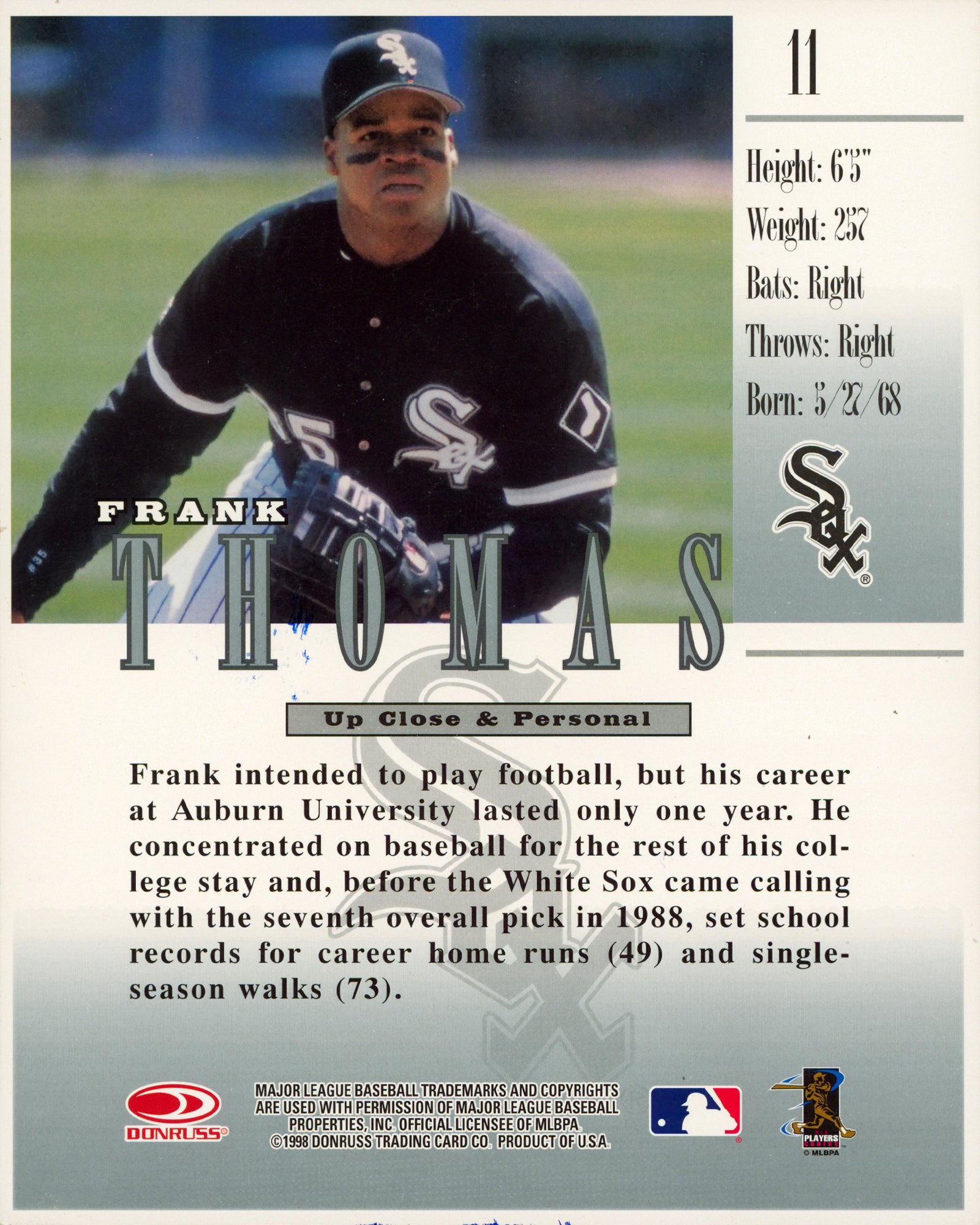 White Sox Frank Thomas Signed 8.5x11 1998 Donruss #11 Trading Card JSA #CD80557