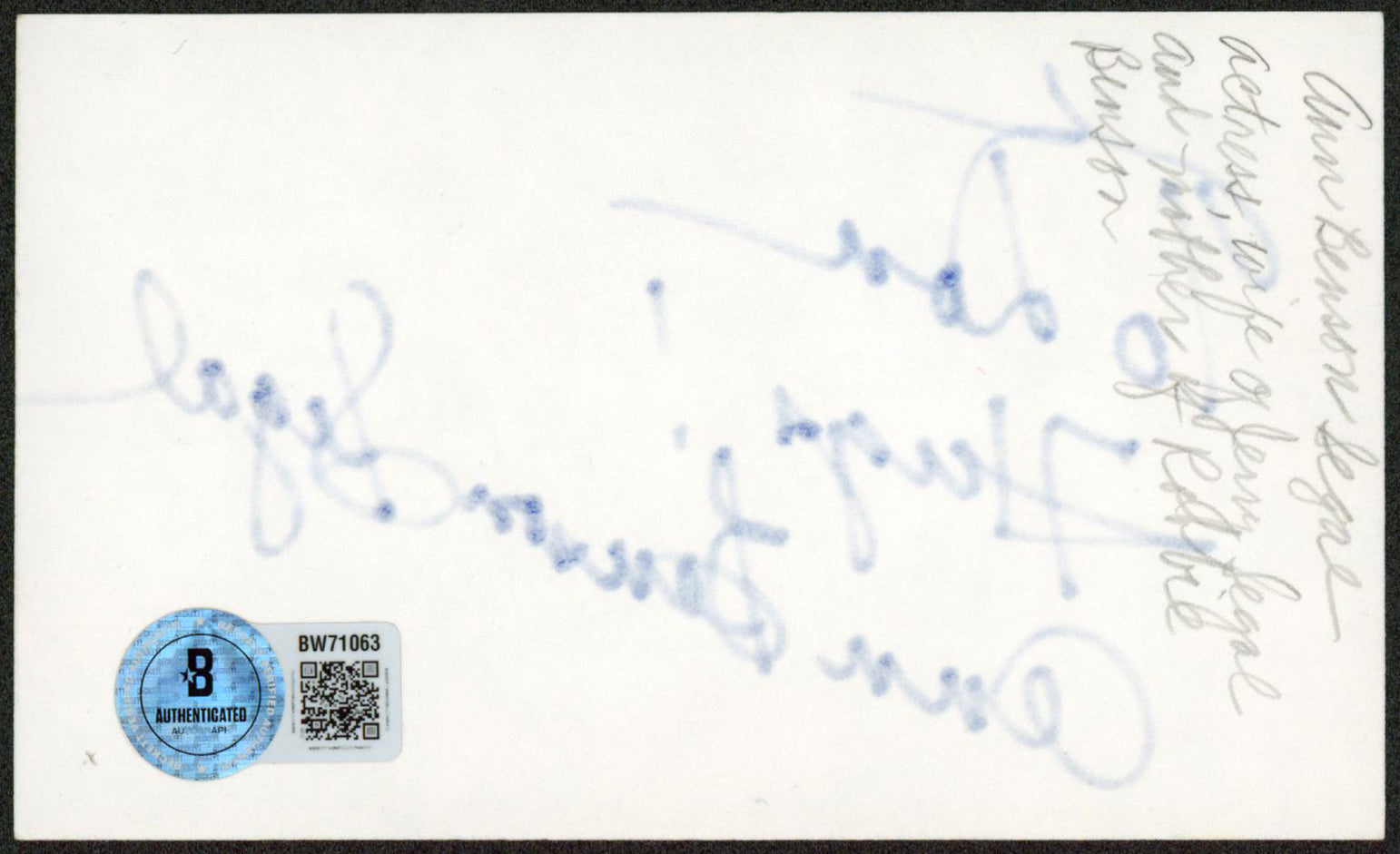 Ann Benson Segal "Hugs" Authentic Signed 3x5 Index Card Autographed BAS #BW71063