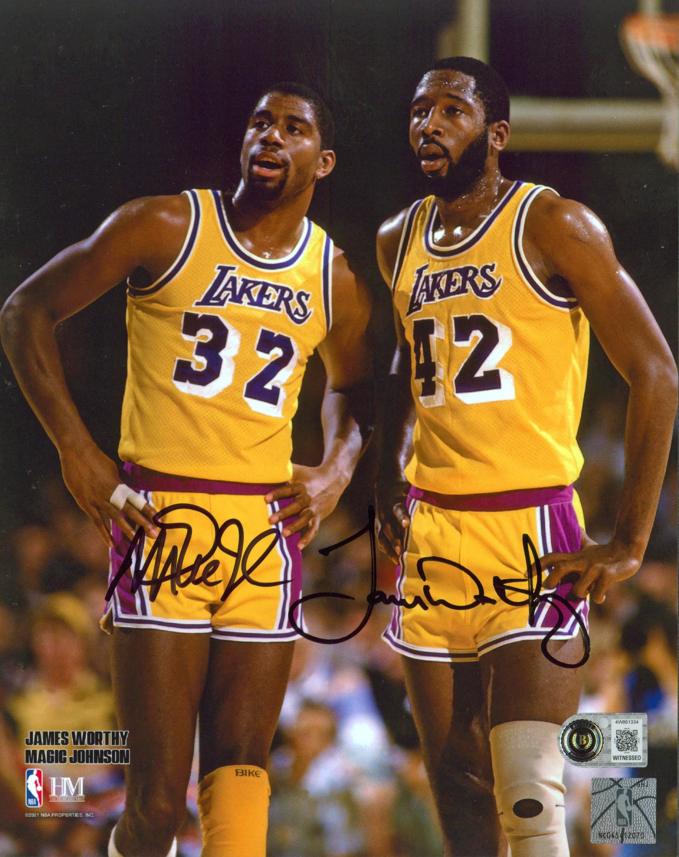 Lakers Magic Johnson & James Worthy Signed 8x10 Vertical Photo BAS Witnessed