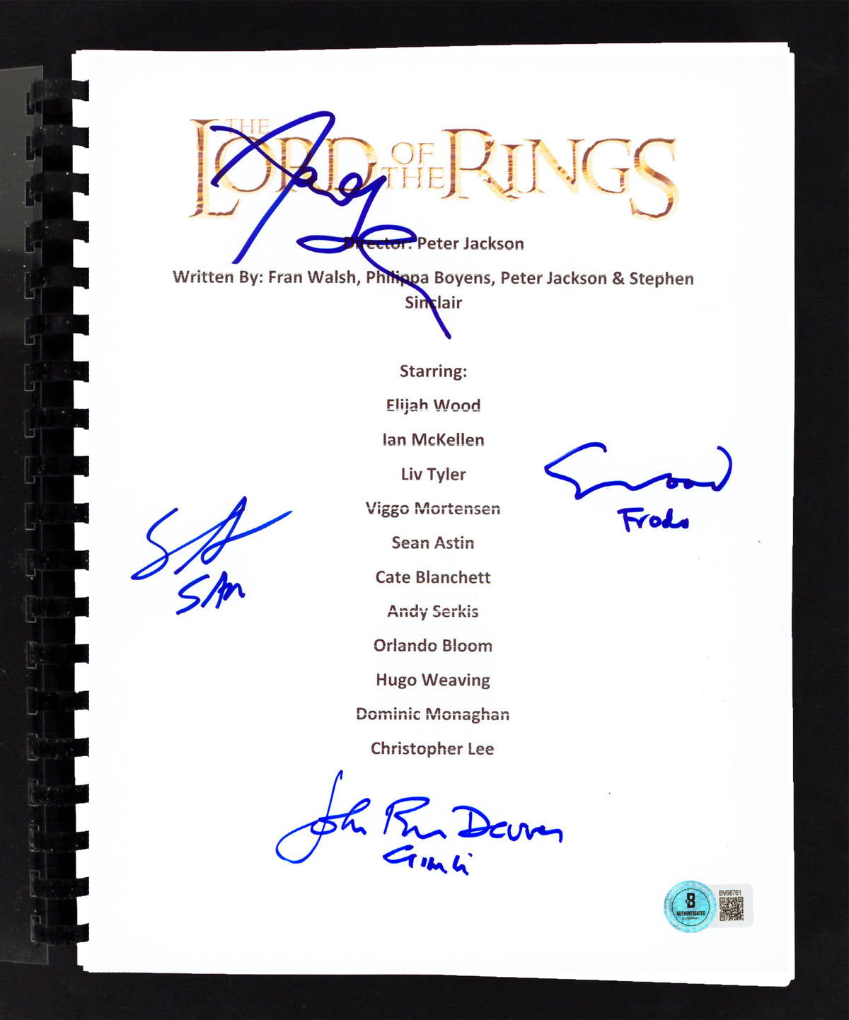 LOTR (4) Wood, Astin, Serkis & Rhys-Davies Signed Movie Script BAS #BV98761