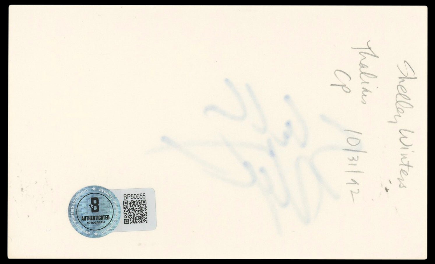 Shelley Winters The Diary Of Anne Frank Signed 3x5 Index Card BAS #BP50655