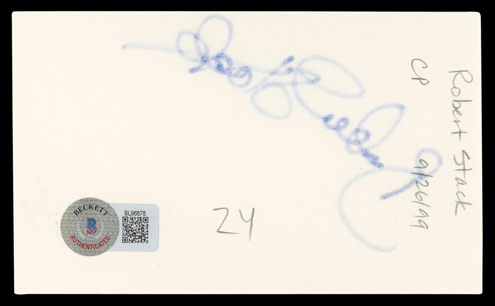 Robert Stack Airplane! Authentic Signed 3x5 Index Card Autographed BAS #BL96878