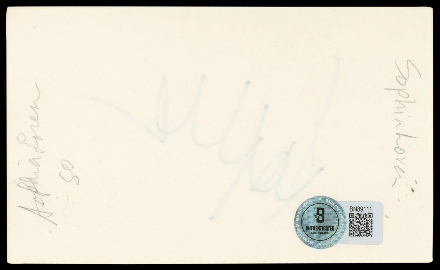 Sophia Loren Two Women Authentic Signed 3x5 Index Card Autographed BAS #BN89111