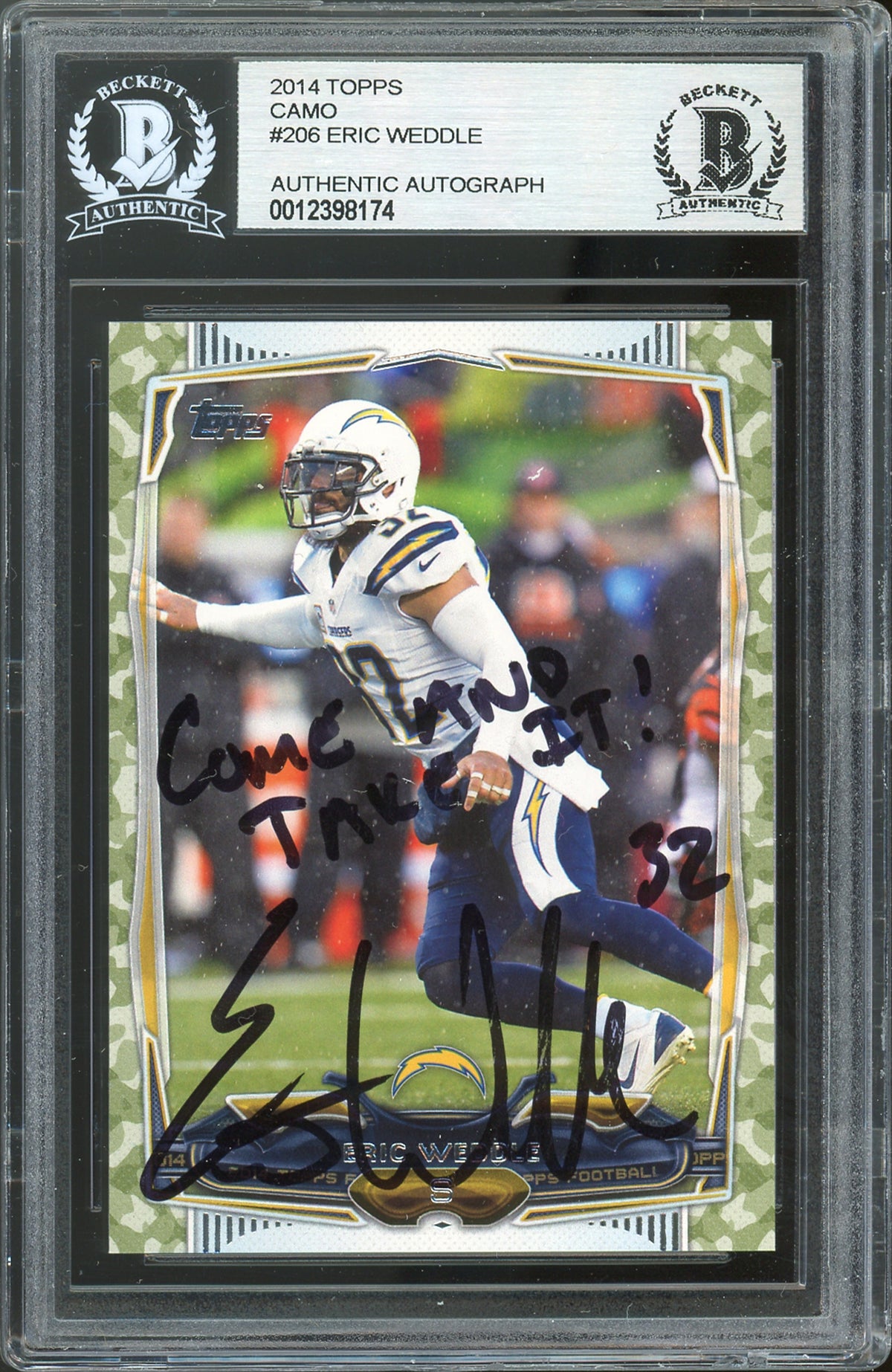 Chargers Eric Weddle Authentic Signed 2014 Topps Camo #206 Card BAS Slabbed