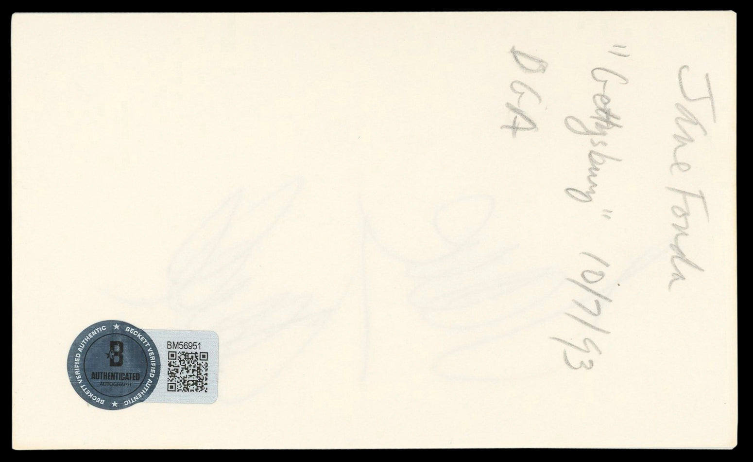 Jane Fonda Klute Authentic Signed 3x5 Index Card Autographed BAS #BM56951