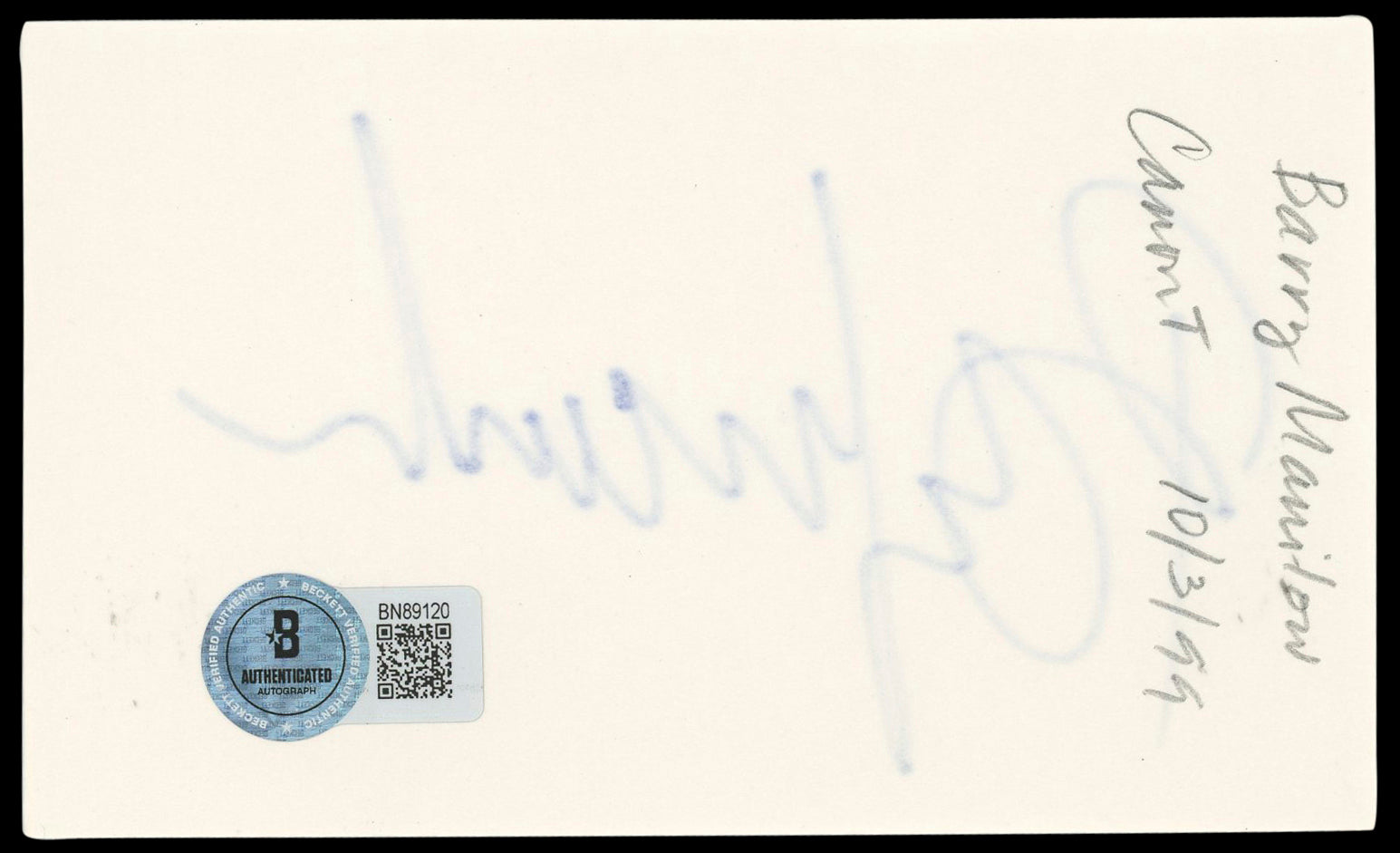 Barry Manilow Singer Authentic Signed 3x5 Index Card Autographed BAS #BN89120