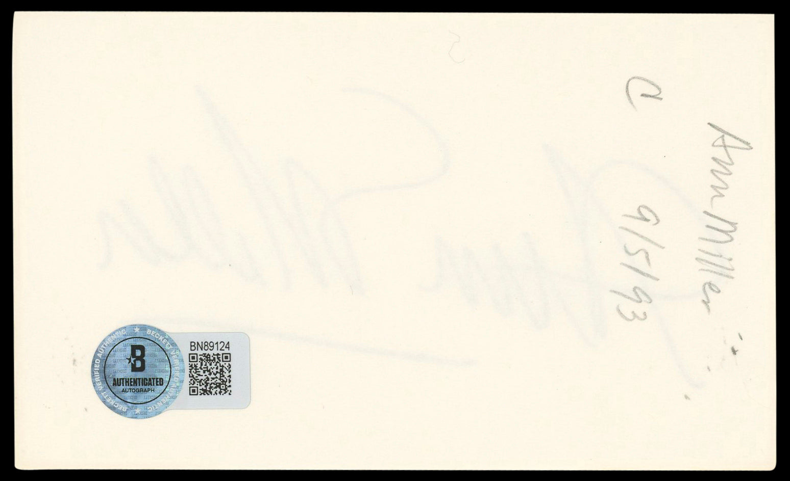 Ann Miller Mulholland Drive Authentic Signed 3x5 Index Card BAS #BN89124