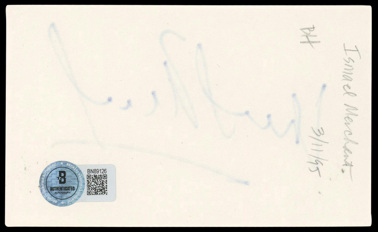 Ismail Merchant Howards End Authentic Signed 3x5 Index Card BAS #BN89126