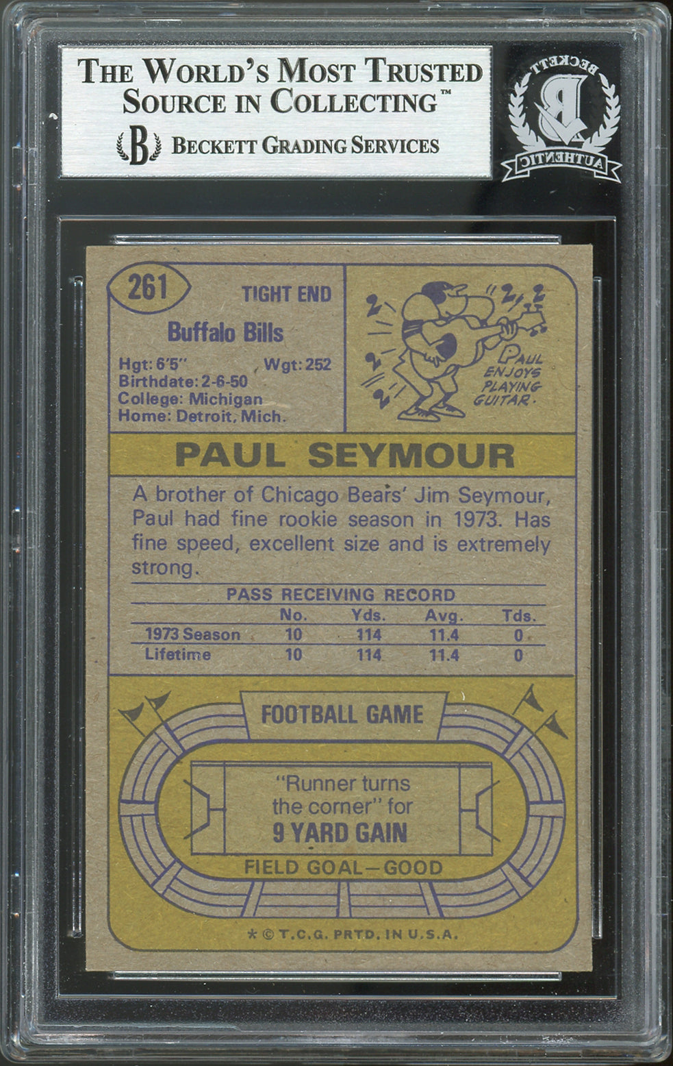 Bills Paul Seymour Authentic Signed 1974 Topps #261 Card Autographed BAS Slabbed
