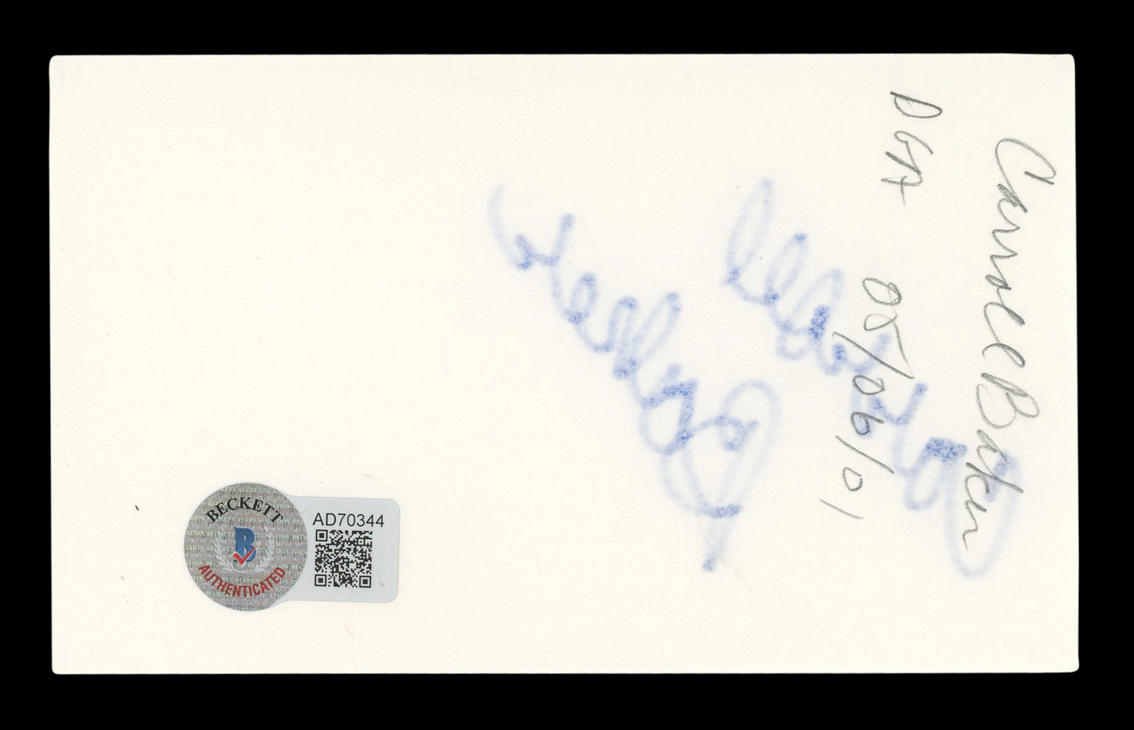 Carroll Baker Giant Authentic Signed 3x5 Index Card Autographed BAS #AD70344