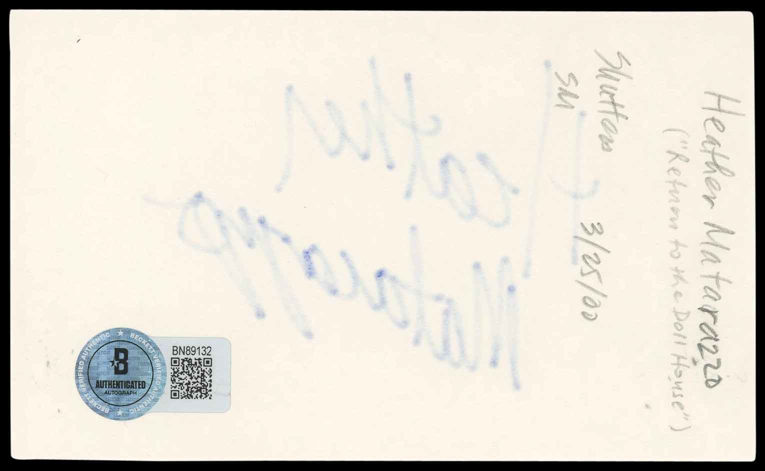 Heather Matarazzo Welcome to the Dollhouse Signed 3x5 Index Card BAS #BN89132