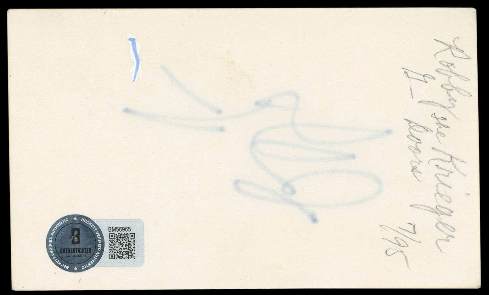 Robby Krieger The Doors Authentic Signed 3x5 Index Card Autographed BAS #BM56965