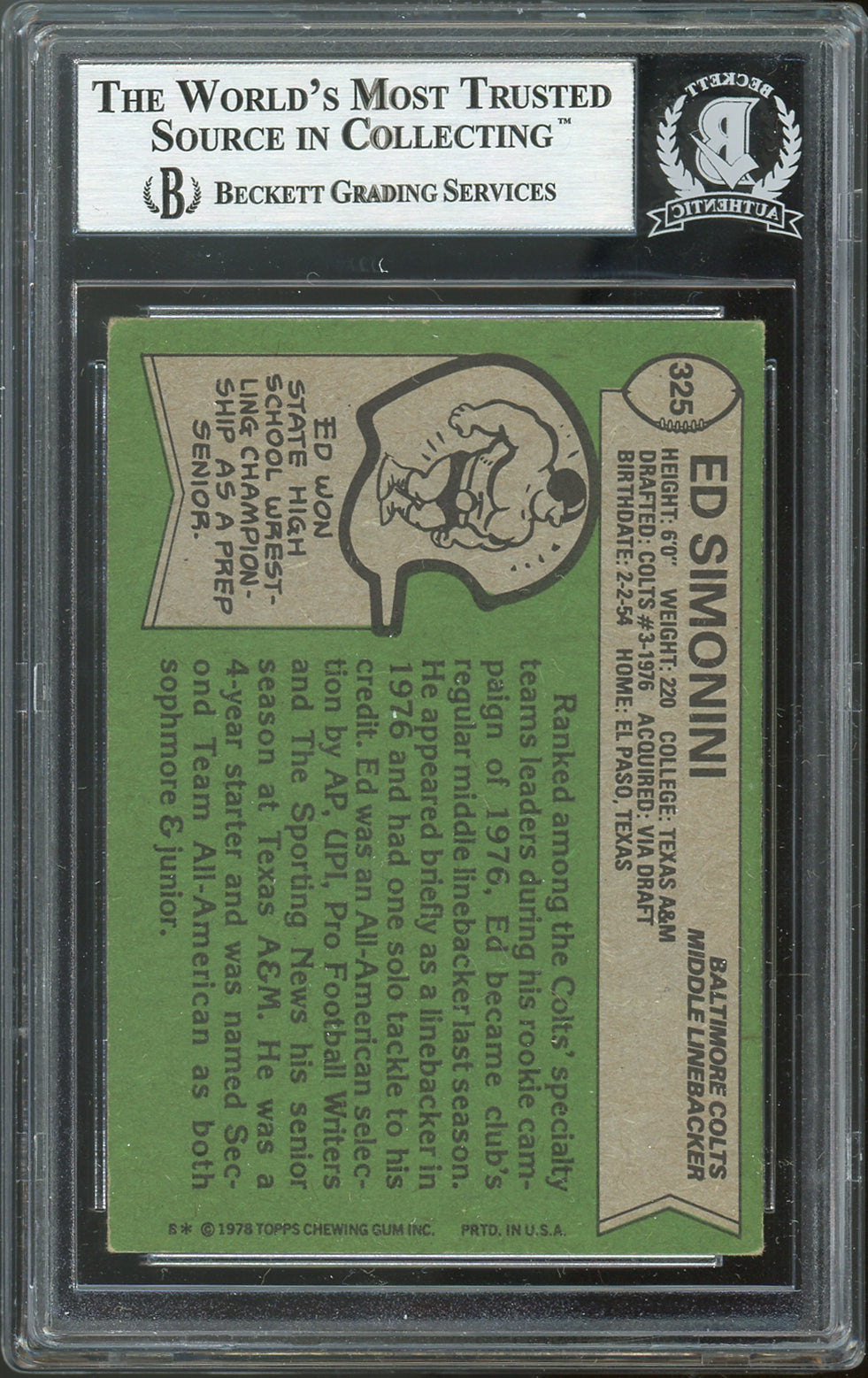 Colts Ed Simonini Authentic Signed 1978 Topps #325 Card Autographed BAS Slabbed