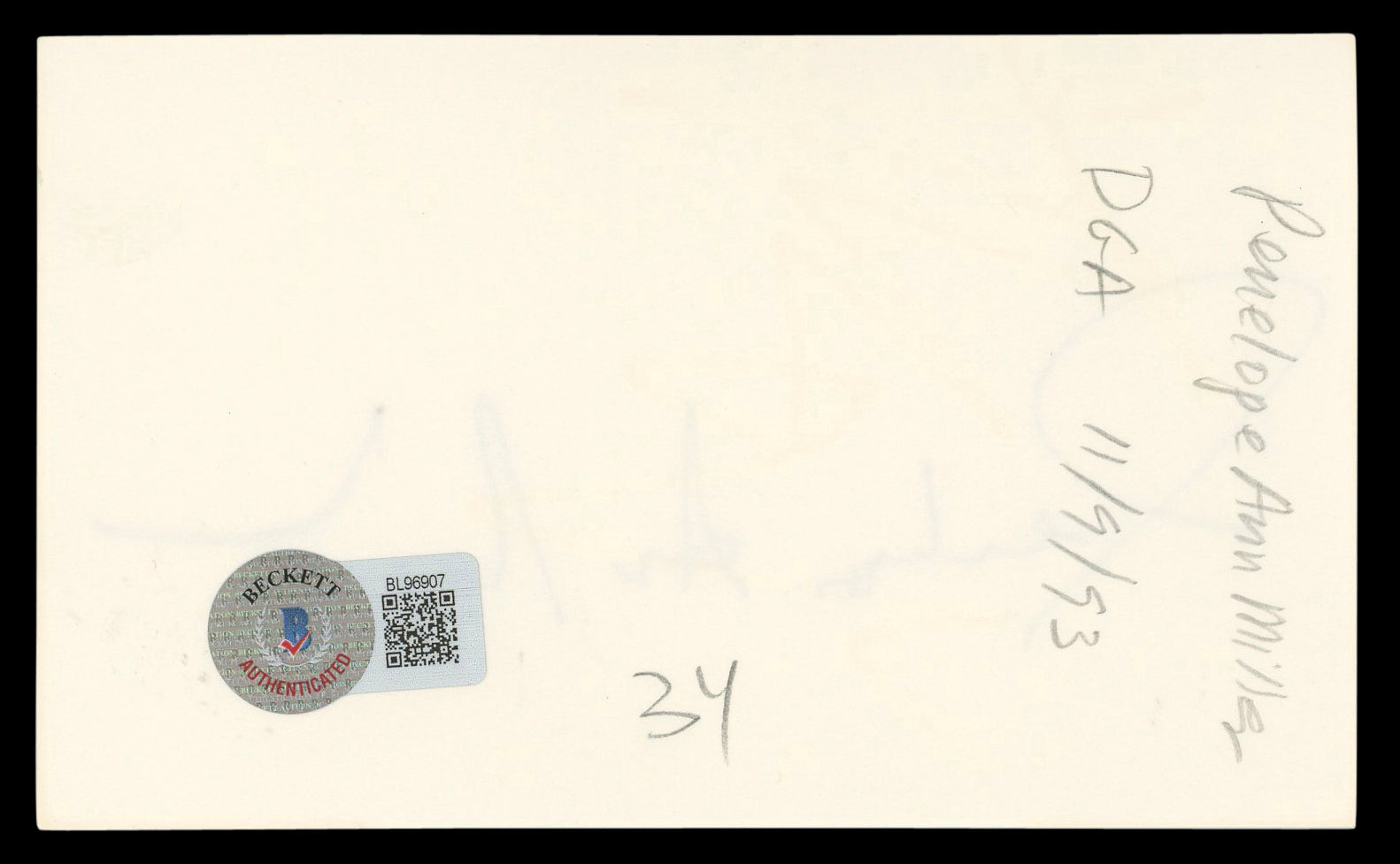 Penelope Ann Miller Carlito's Way Authentic Signed 3x5 Index Card BAS #BL96907