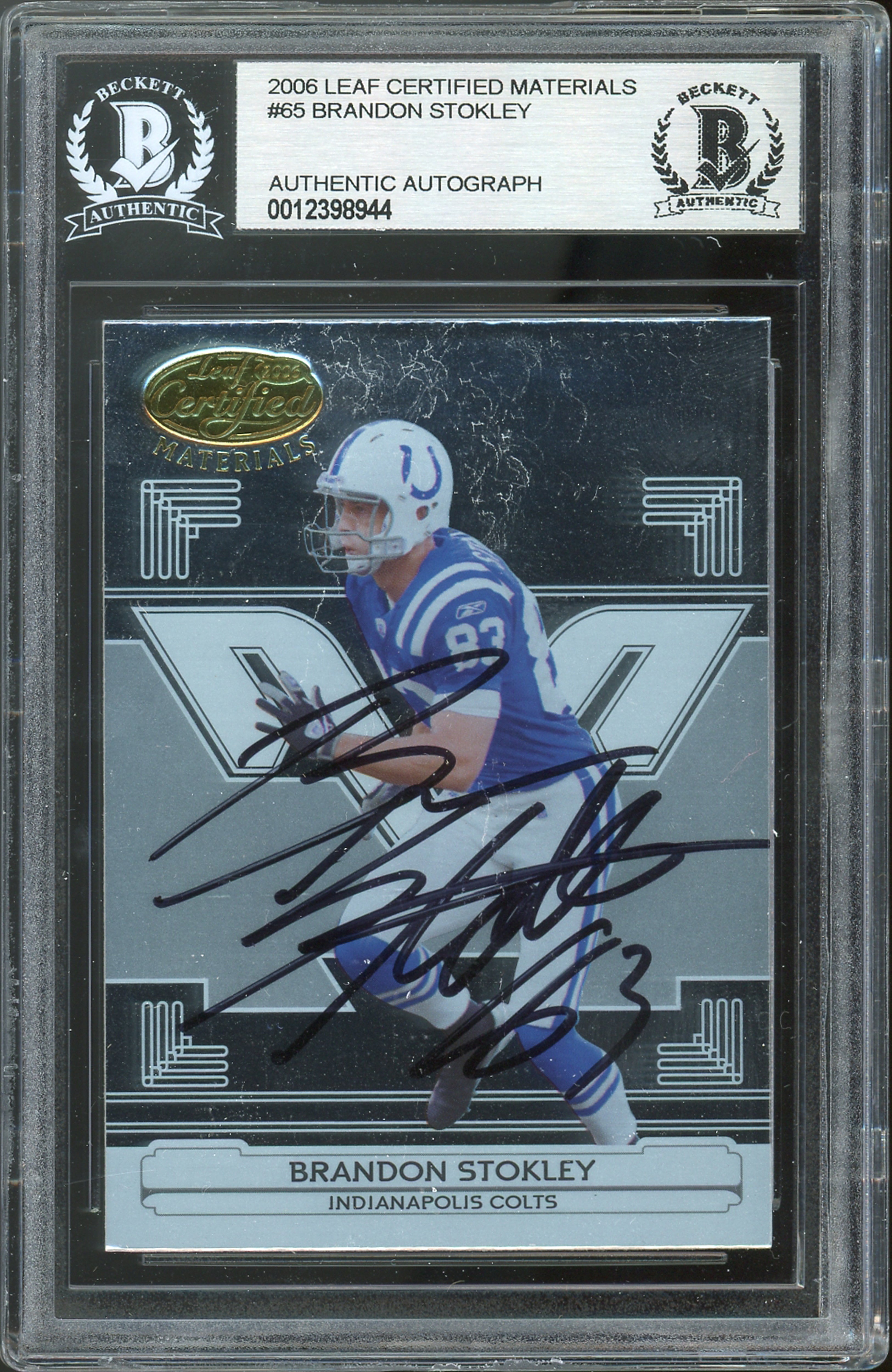 Colts Brandon Stokley Signed 2006 Leaf Certified Materials #65 Card BAS Slabbed