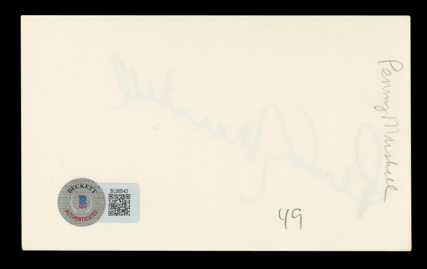Penny Marshall Laverne & Shirley Authentic Signed 3x5 Index Card BAS #BL96543