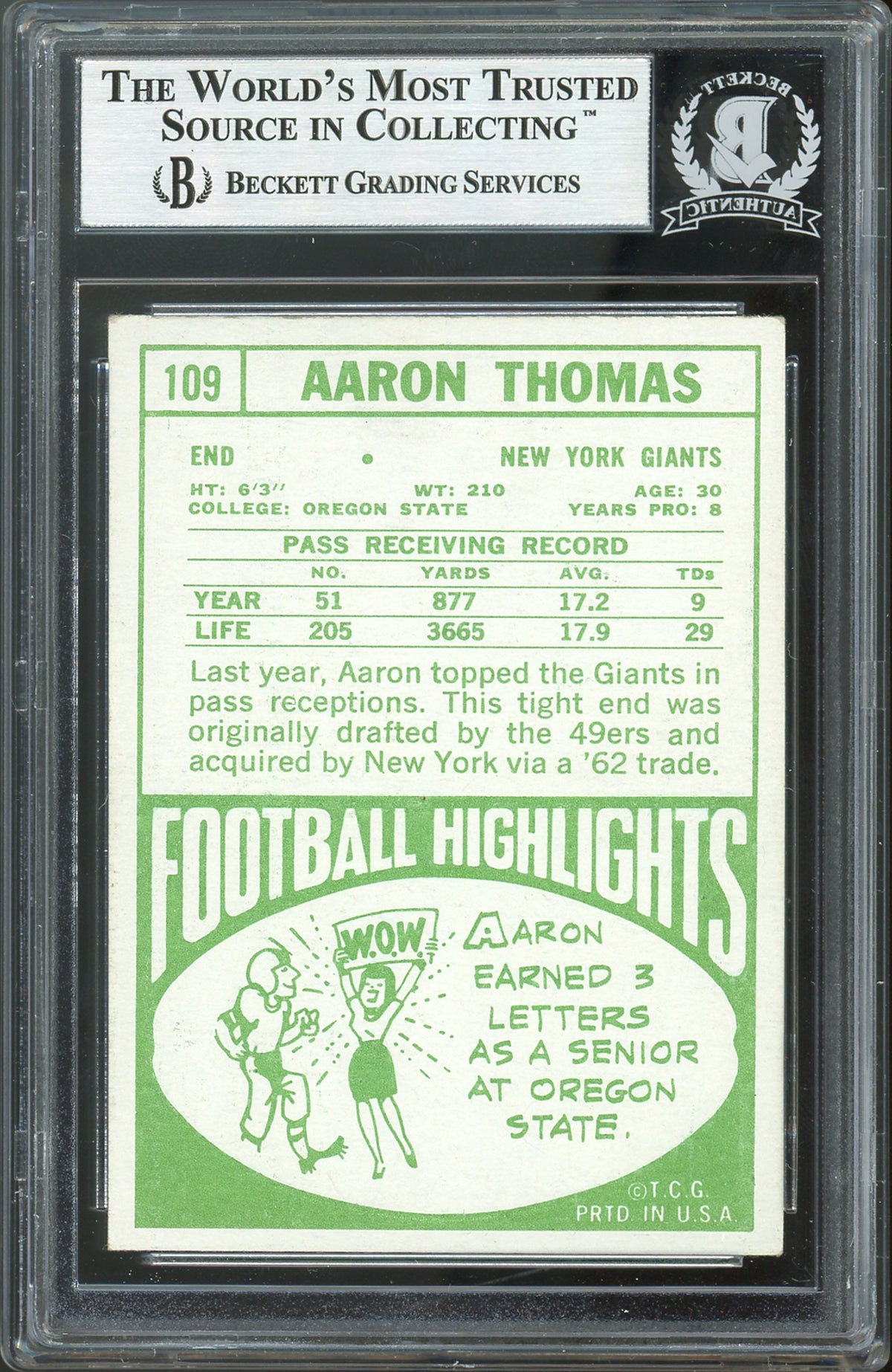 Giants Aaron Thomas Authentic Signed 1968 Topps #109 Card BAS Slabbed