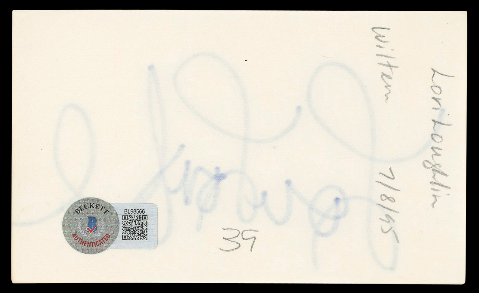 Lori Loughlin Full House Authentic Signed 3x5 Index Card BAS #BL98566