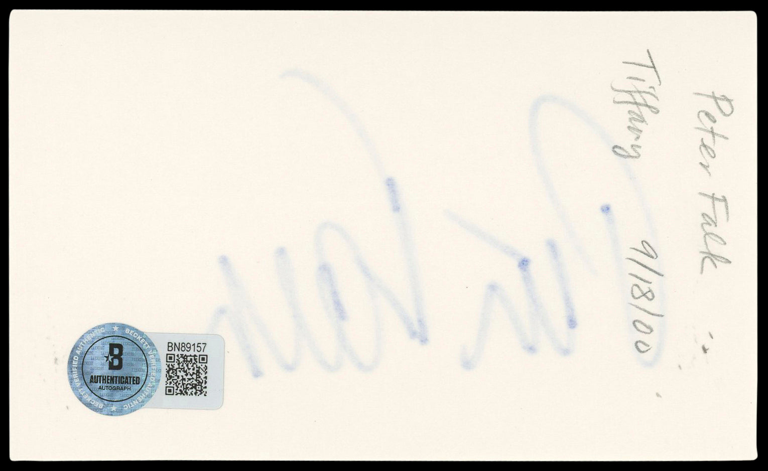 Peter Falk Columbo Authentic Signed 3x5 Index Card Autographed BAS #BN89157