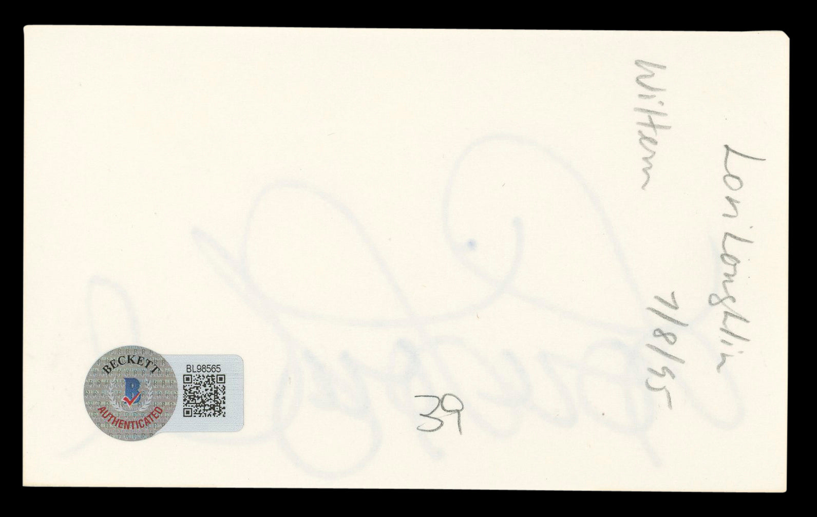 Lori Loughlin Full House Authentic Signed 3x5 Index Card BAS #BL98565