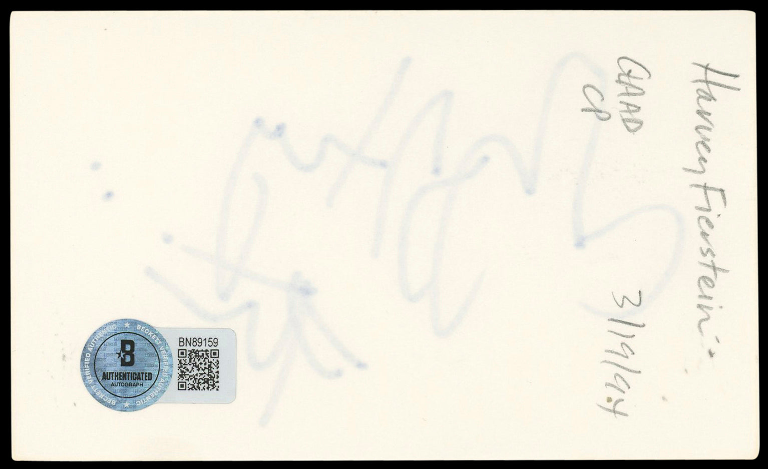 Harvey Fierstein Mrs. Doubtfire Authentic Signed 3x5 Index Card BAS #BN89159