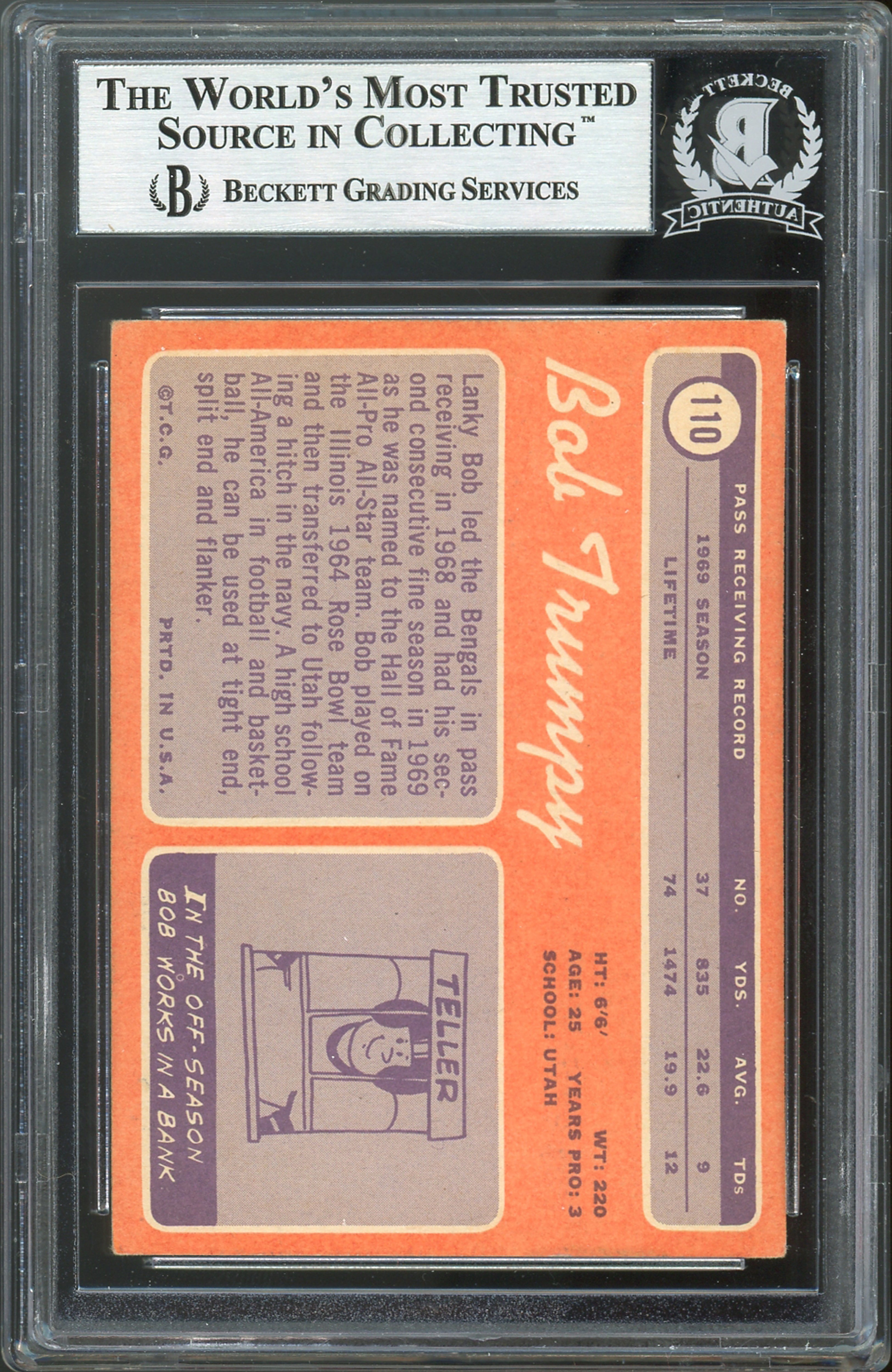 Bengals Bob Trumpy Authentic Signed 1970 Topps #119 Card BAS Slabbed