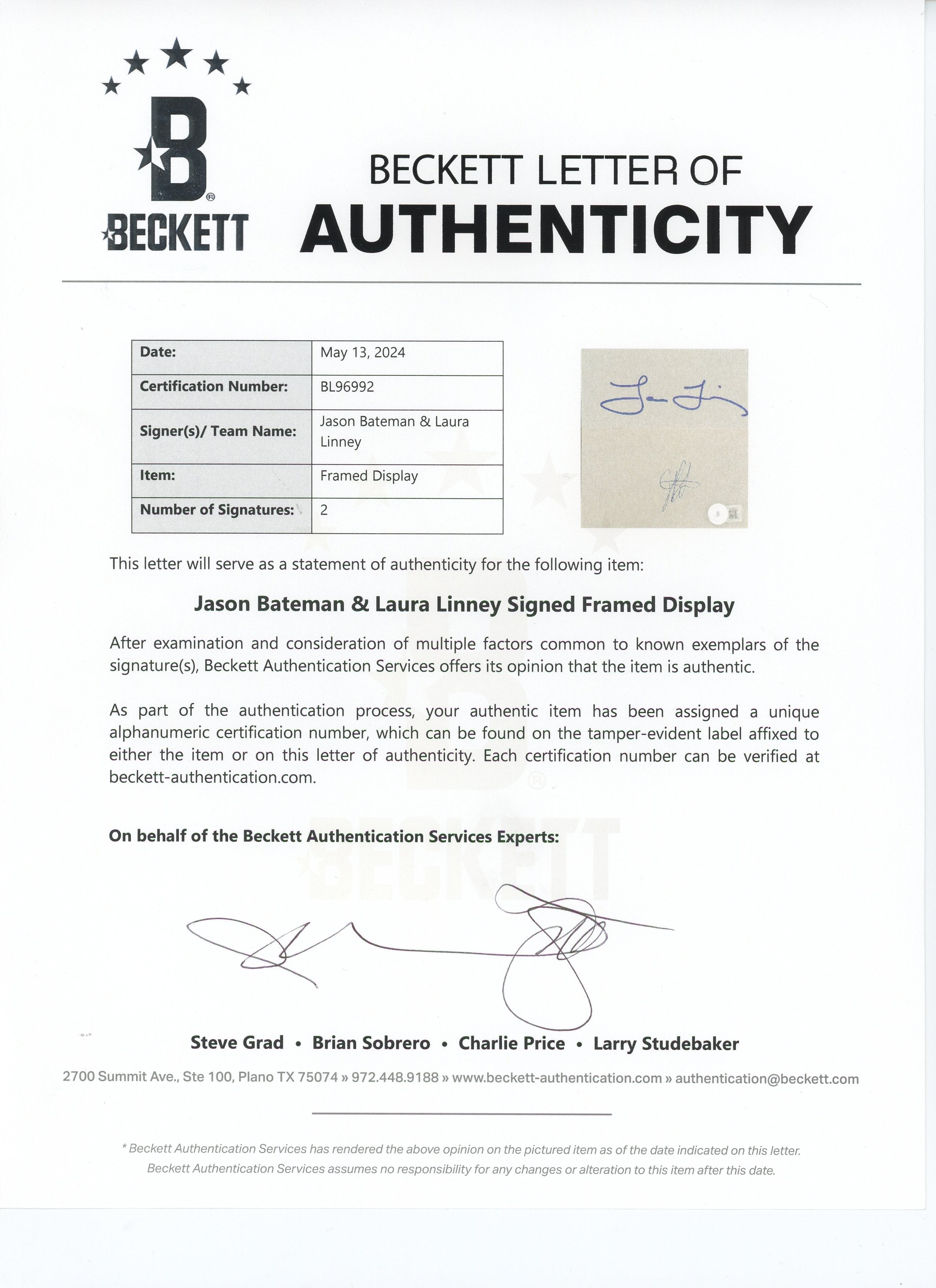 Jason Bateman & Laura Linney Ozark Signed Index Card Framed Display BAS #BL96992