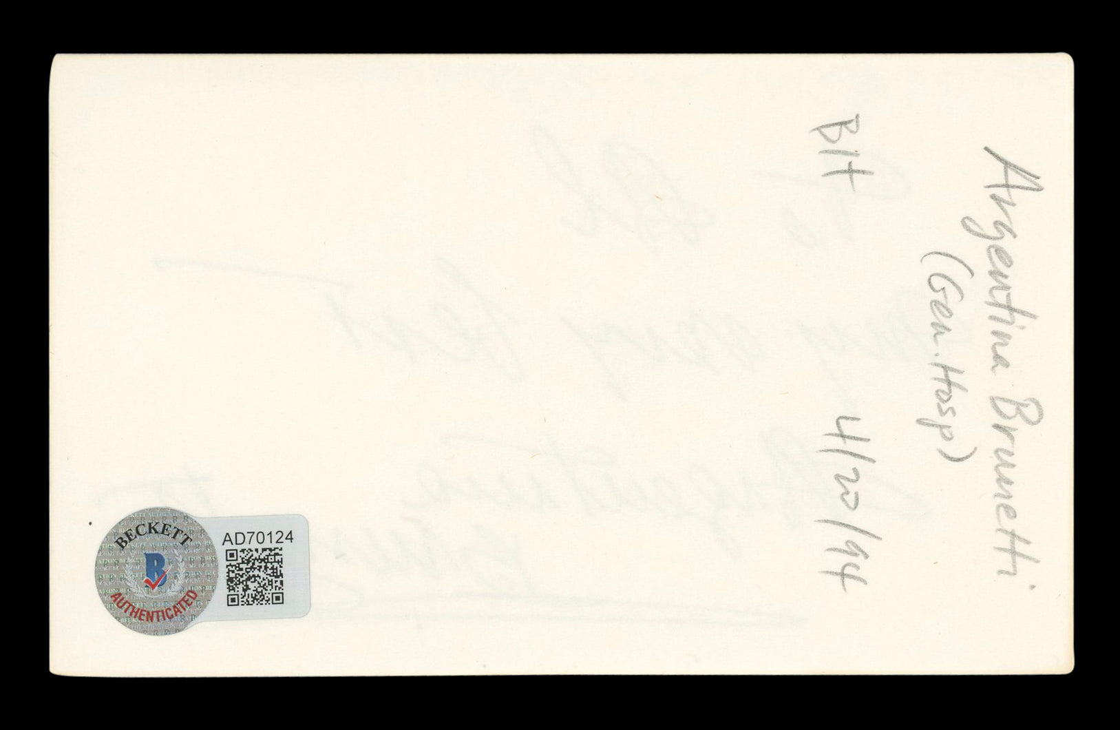Argentina Brunetti It's a Wonderful Life Signed 3x5 Index Card BAS #AD70124