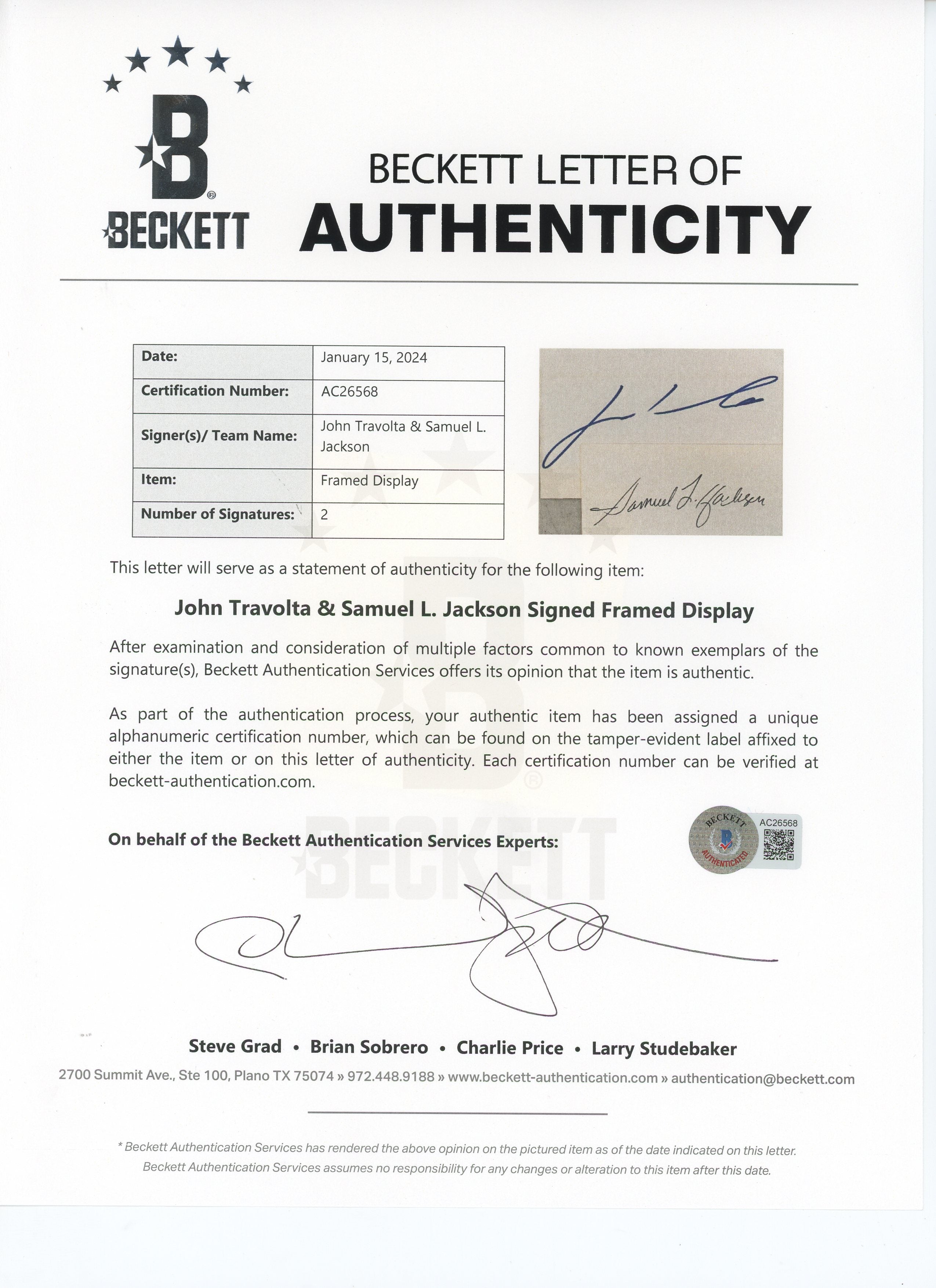 John Travolta & Samuel L Jackson Pulp Fiction Signed Framed Display BAS #AC26568