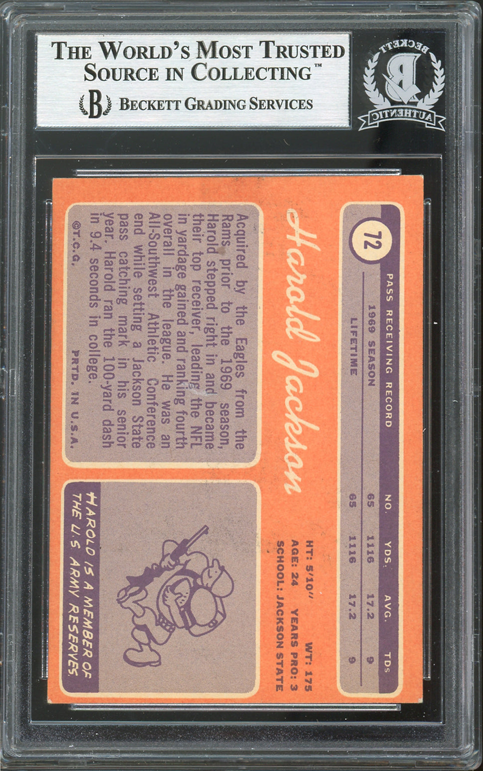 Eagles Harold Jackson "5X Pro Bowl" Signed 1970 Topps #72 Card BAS Slabbed