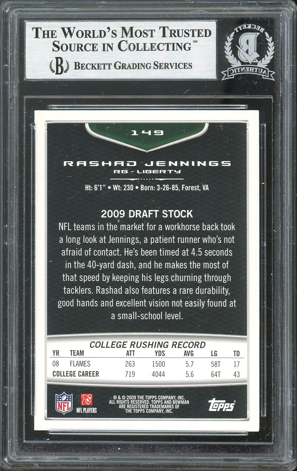 Giants Rashad Jennings Authentic Signed 2009 Bowman Draft #149 Card BAS Slabbed