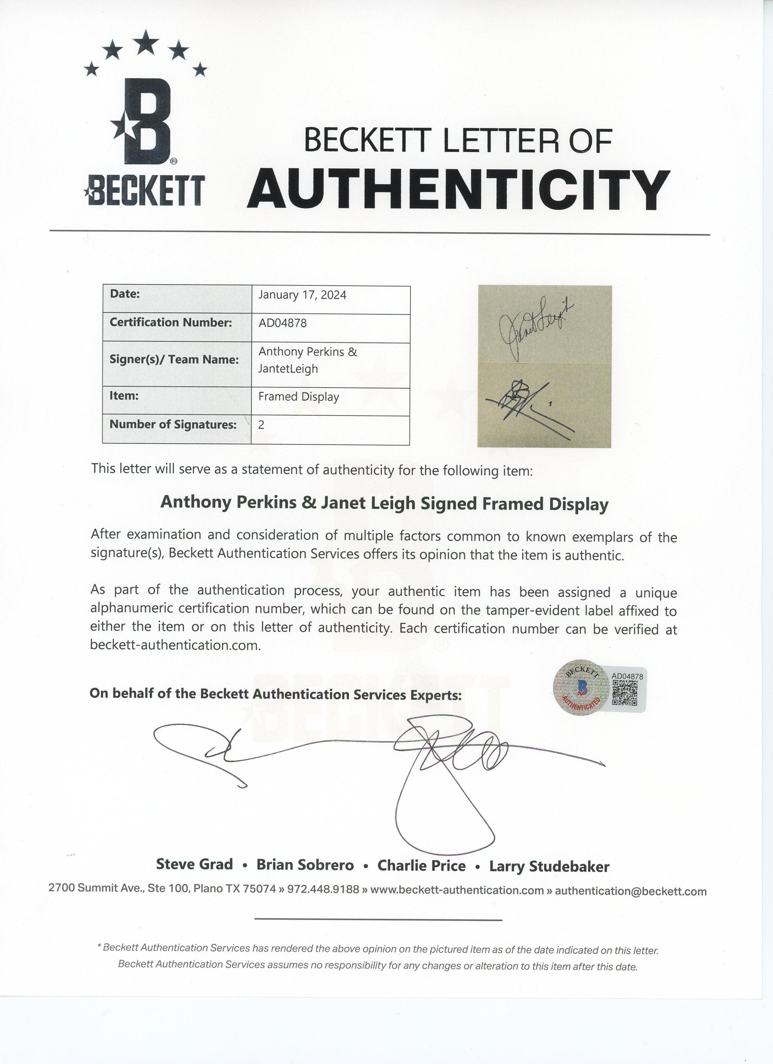 Janet Leigh & Anthony Perkins Psycho Signed 3x5 Index Card Framed Display BAS