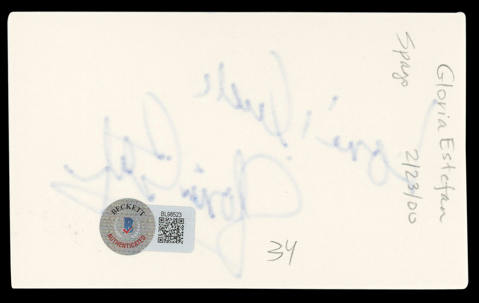 Gloria Estefan Miami Sound Machine Authentic Signed 3x5 Index Card BAS #BL98523
