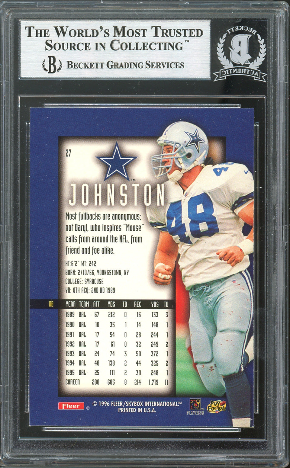 Cowboys Daryl Johnston Signed 1996 Ultra Sensations #27 Card BAS Slabbed