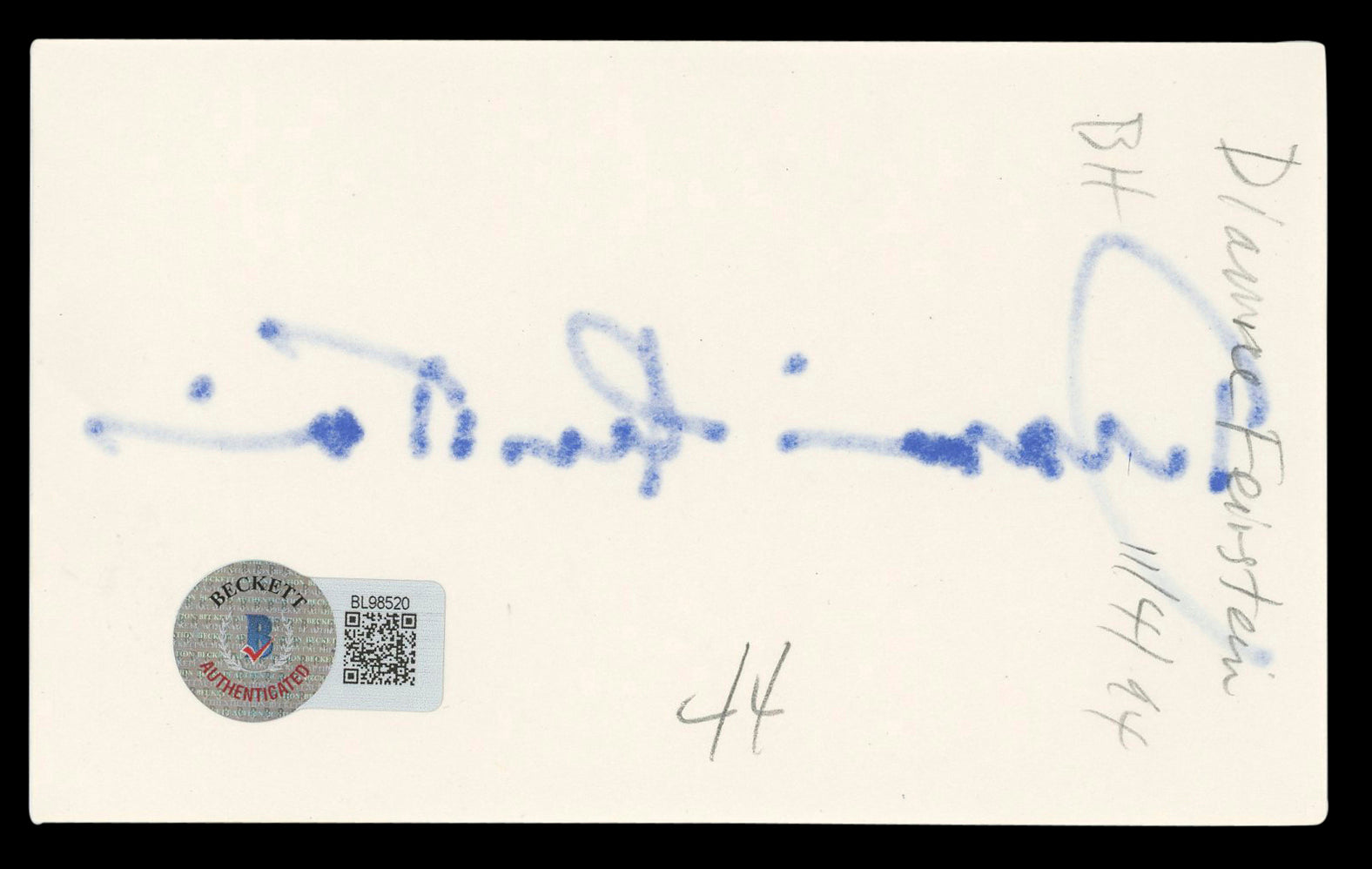 Dianne Feinstein Authentic Signed 3x5 Index Card Autographed BAS #BL98520