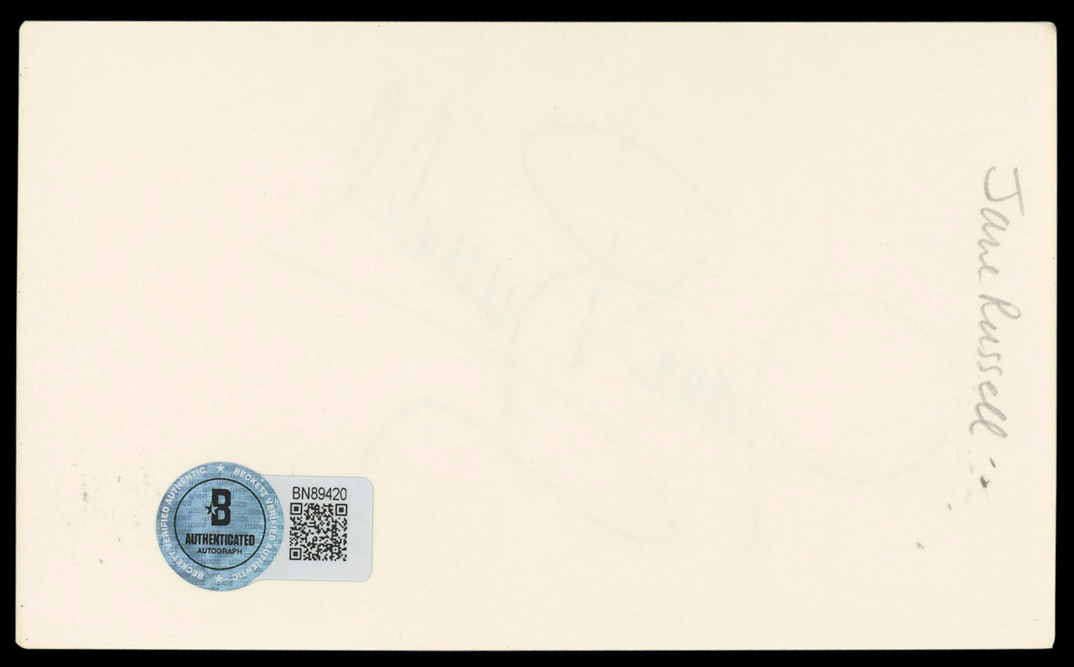 Jane Russell Gentlemen Prefer Blondes Signed 3x5 Index Card BAS #BN89420