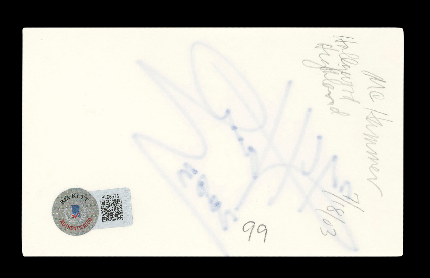 MC Hammer "2003" Authentic Signed 3x5 Index Card Autographed BAS #BL96575