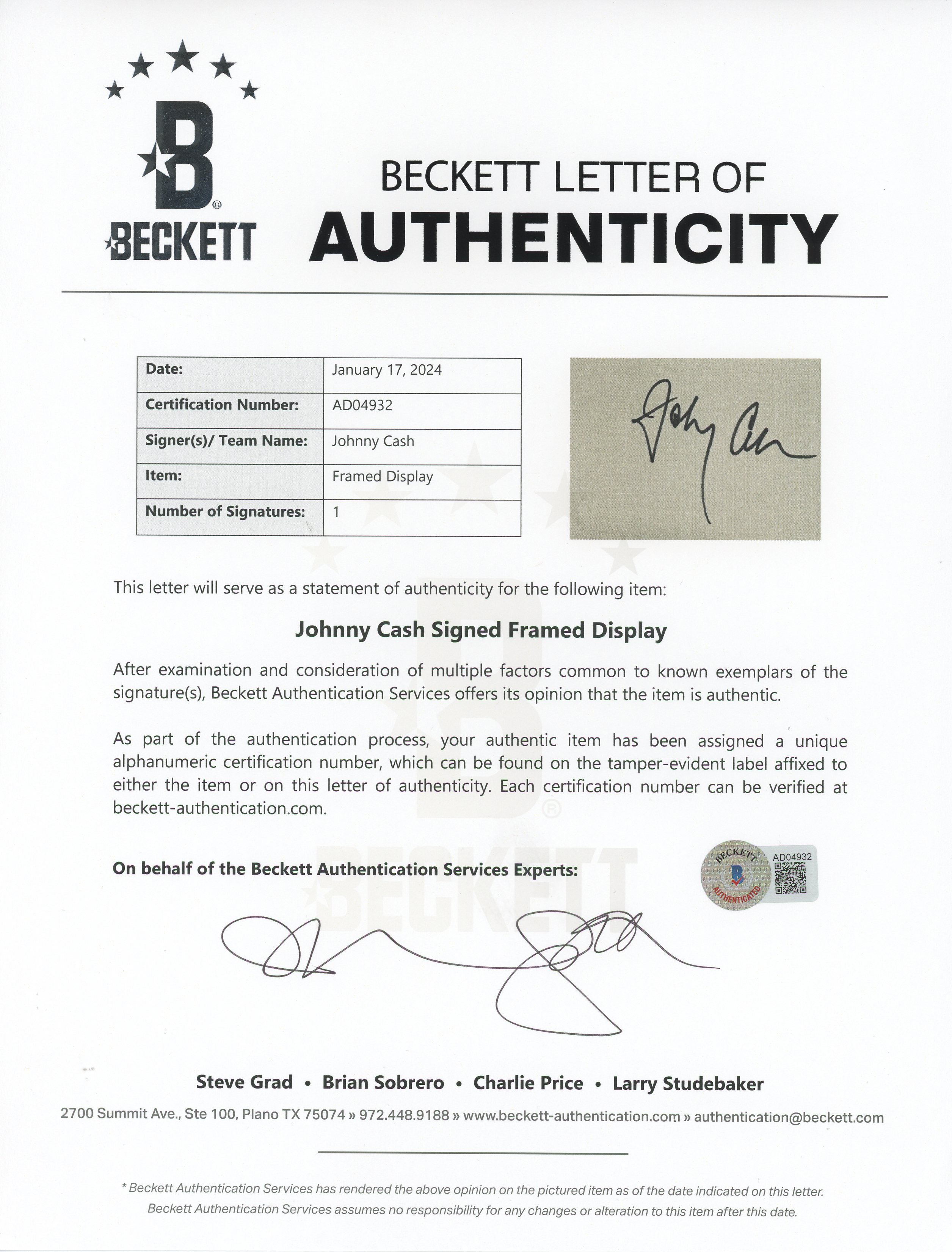 Johnny Cash Authentic Signed 3x5 Index Card Framed Display BAS #AD04932