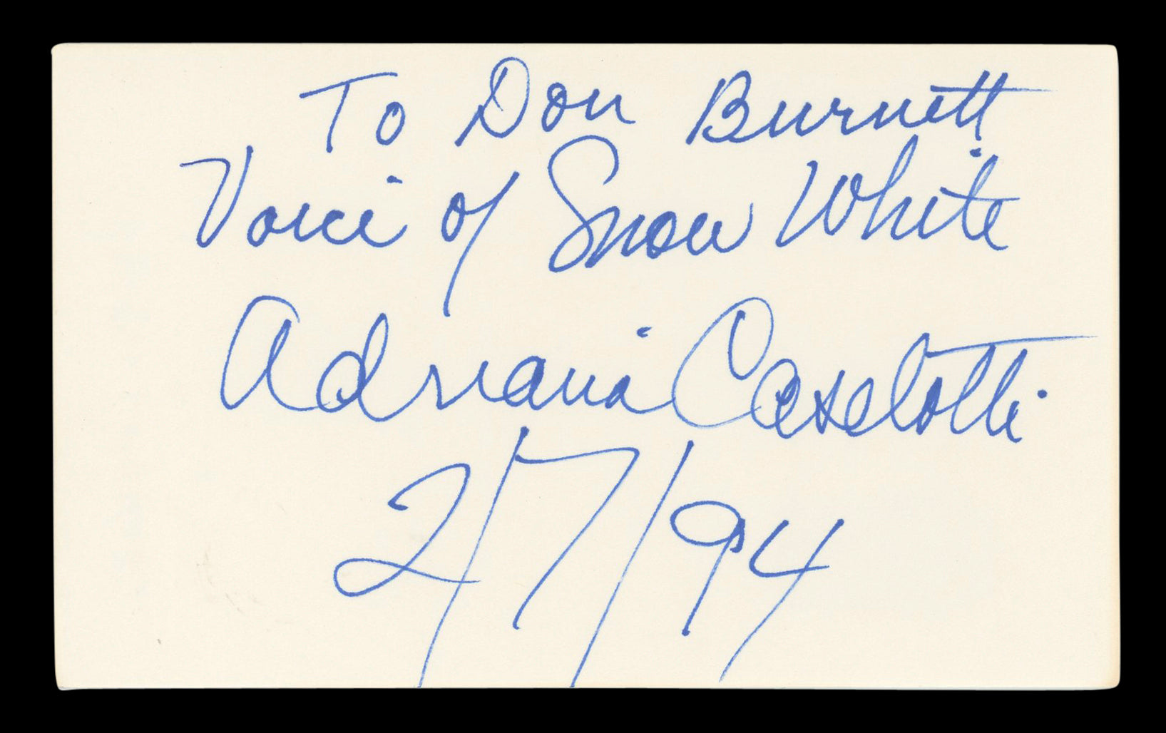 Adriana Caselotti Snow White "2/7/94" Signed 3x5 Index Card BAS #AD70151