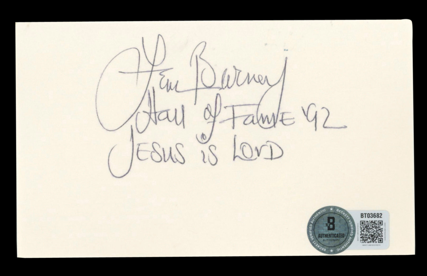 Lions Lem Barney "Hall of Fame '92" Authentic Signed 3x5 Index Card BAS #BT03682