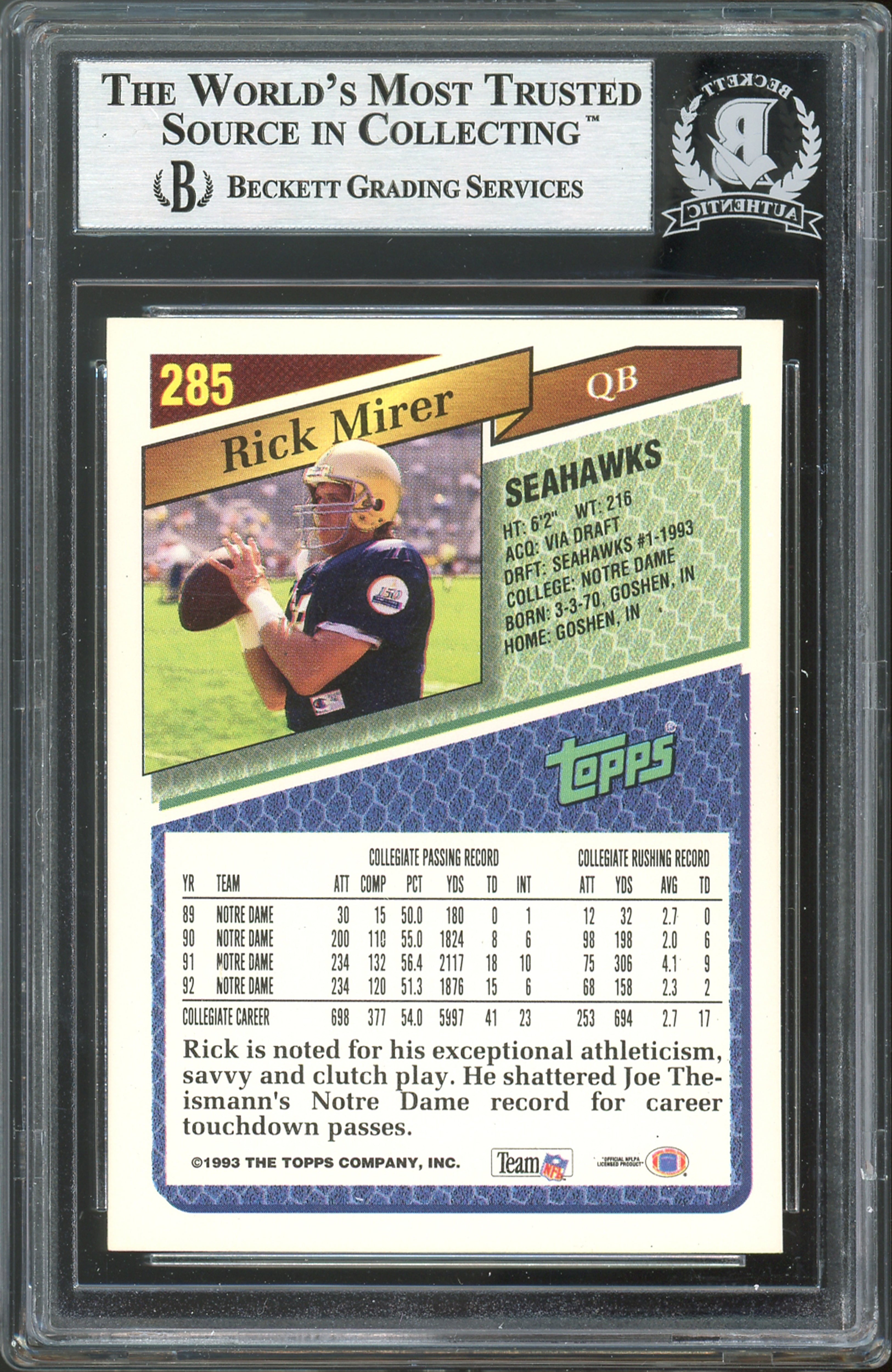 Seahawks Rick Mirer Authentic Signed 1993 Topps Gold #285 Card BAS Slabbed