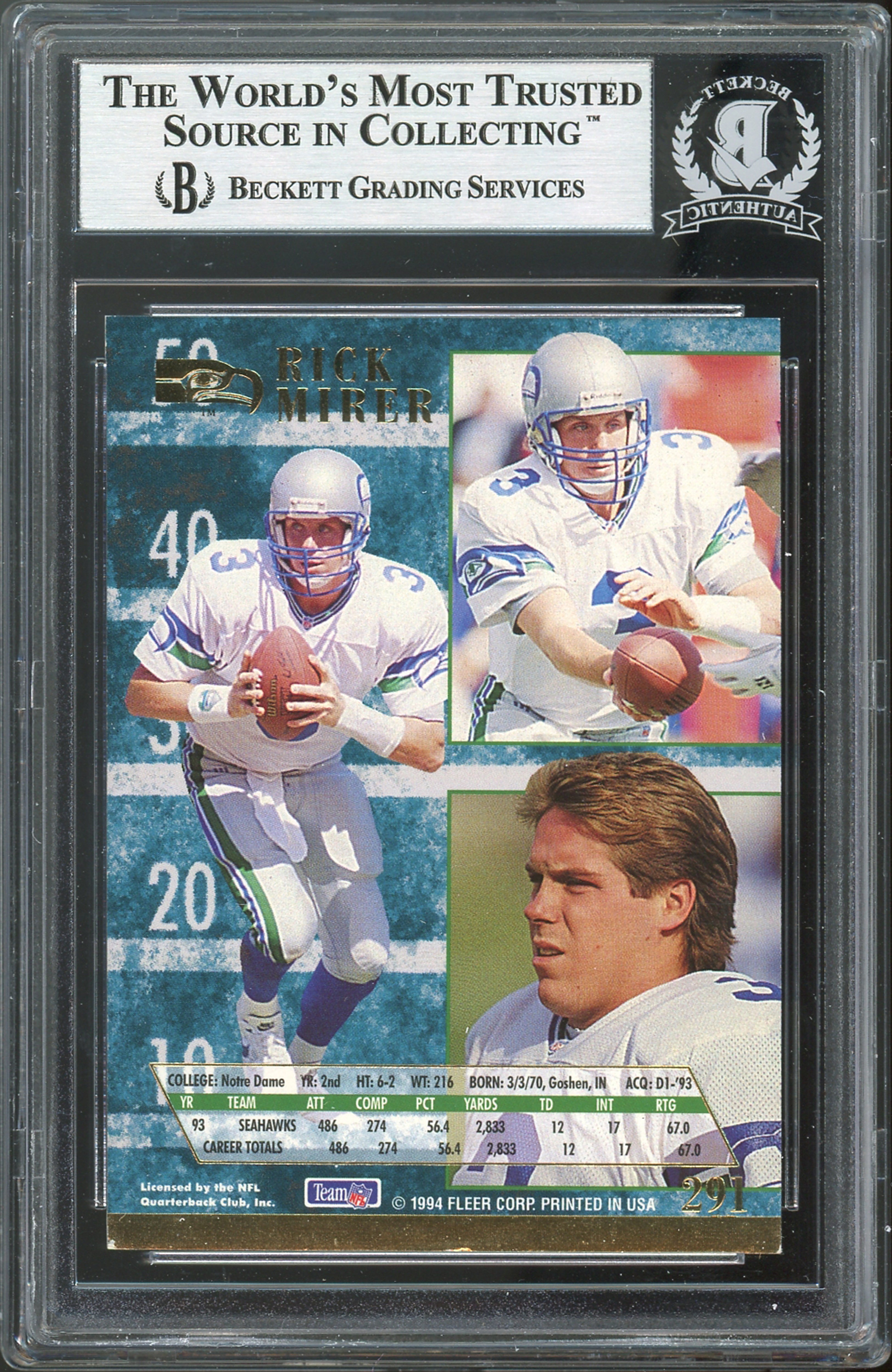 Seahawks Rick Mirer Authentic Signed 1994 Ultra #291 Card BAS Slabbed